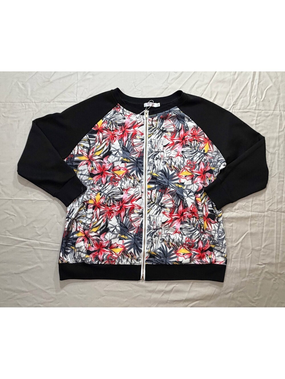Jupiter Five Womens 1XL Floral Bomber Jacket Black Full Zip Made in USA